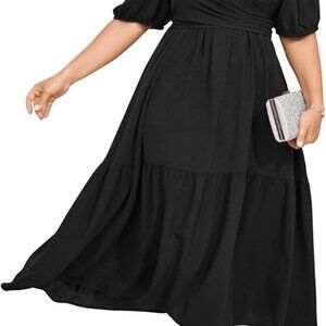 Plus Size Wedding Guest Dress V Neck Short Sleeve Flowy A Line Formal Maxi